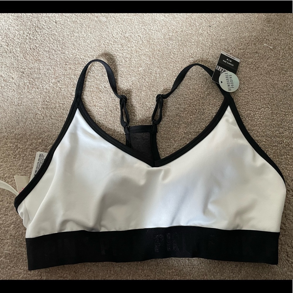 NWT white and black PINK ultimate light support medium sports bra